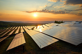 Solar panel cell in an open field with a sunset sky background.