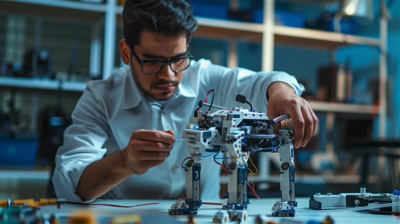 Un ingeniero mecánico ensambla cuidadosamente un prototipo de robot cuadrúpedo en una mesa de trabajo, ajustando el cableado y los componentes en un entorno de laboratorio lleno de herramientas y equipo.