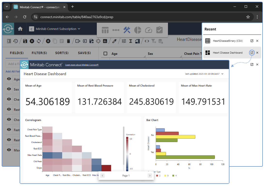 Minitab Connectの最近のタスクペイン