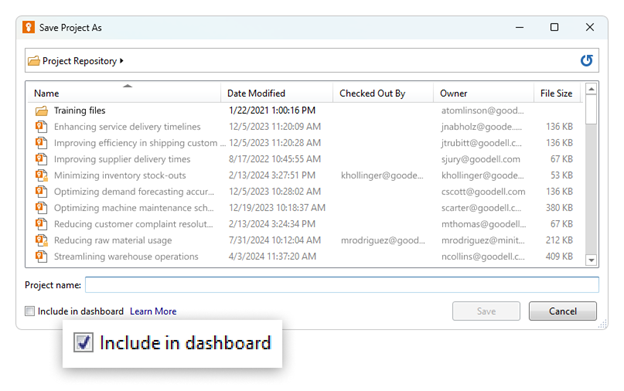 ダッシュボードに含めるオプションを有効にしてプロジェクトに名前を付けてEngageに保存