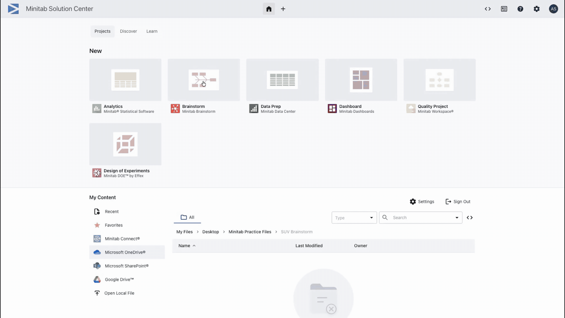 Interface do Brainstorm do Minitab Solution Center